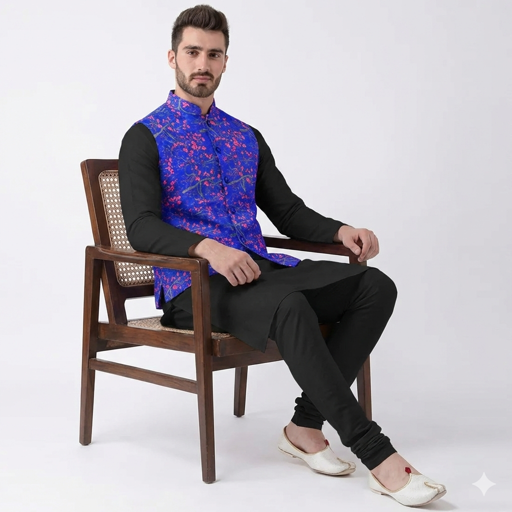 Black Kurta with Printed Blue Waistcoat