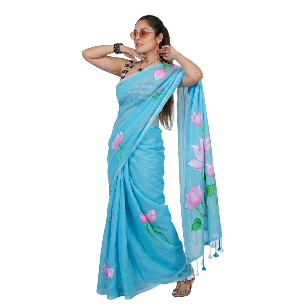 Sky Blue Linen Printed Saree