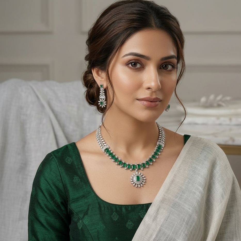 Green Silver Necklace Set