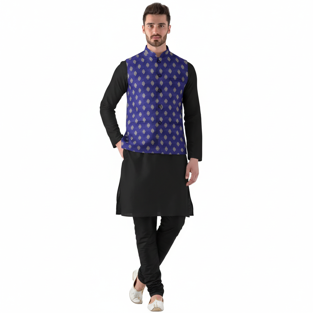 Blue Printed Ethnic Waistcoat for Men