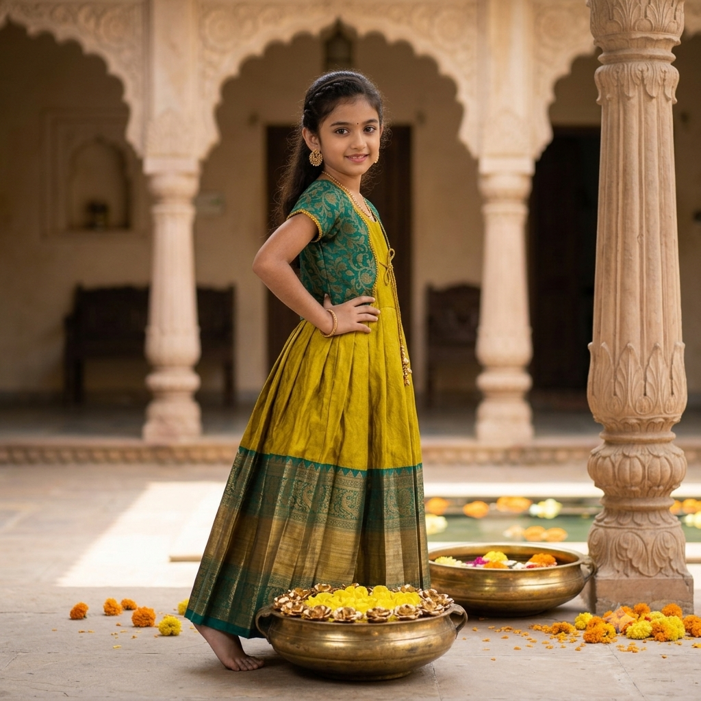 Kids traditional Mustard Frock & Jacket Set