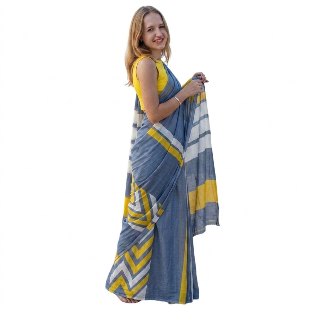 Blue Linen Printed Saree