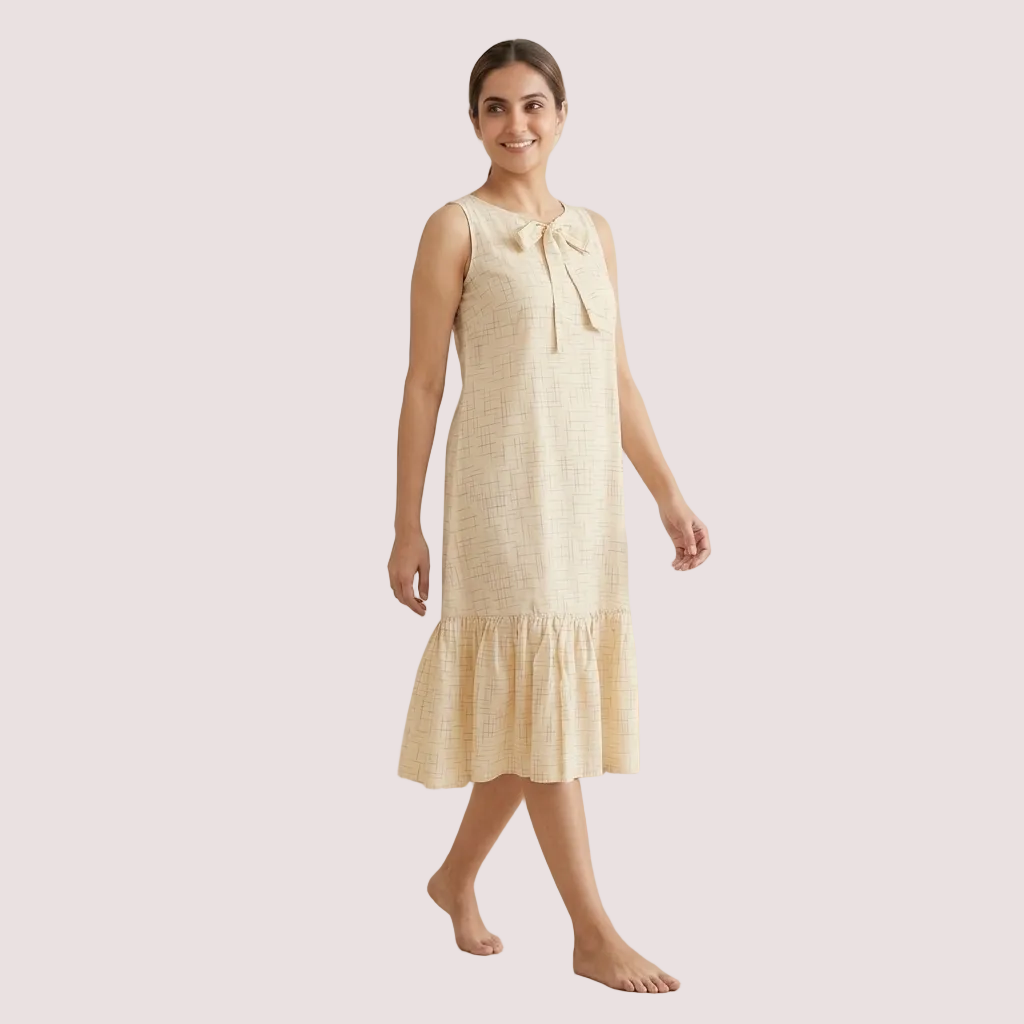 Beige Printed Bow-Neck Dress