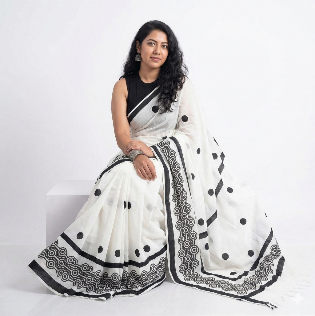 Black &  White Printed Linen Saree