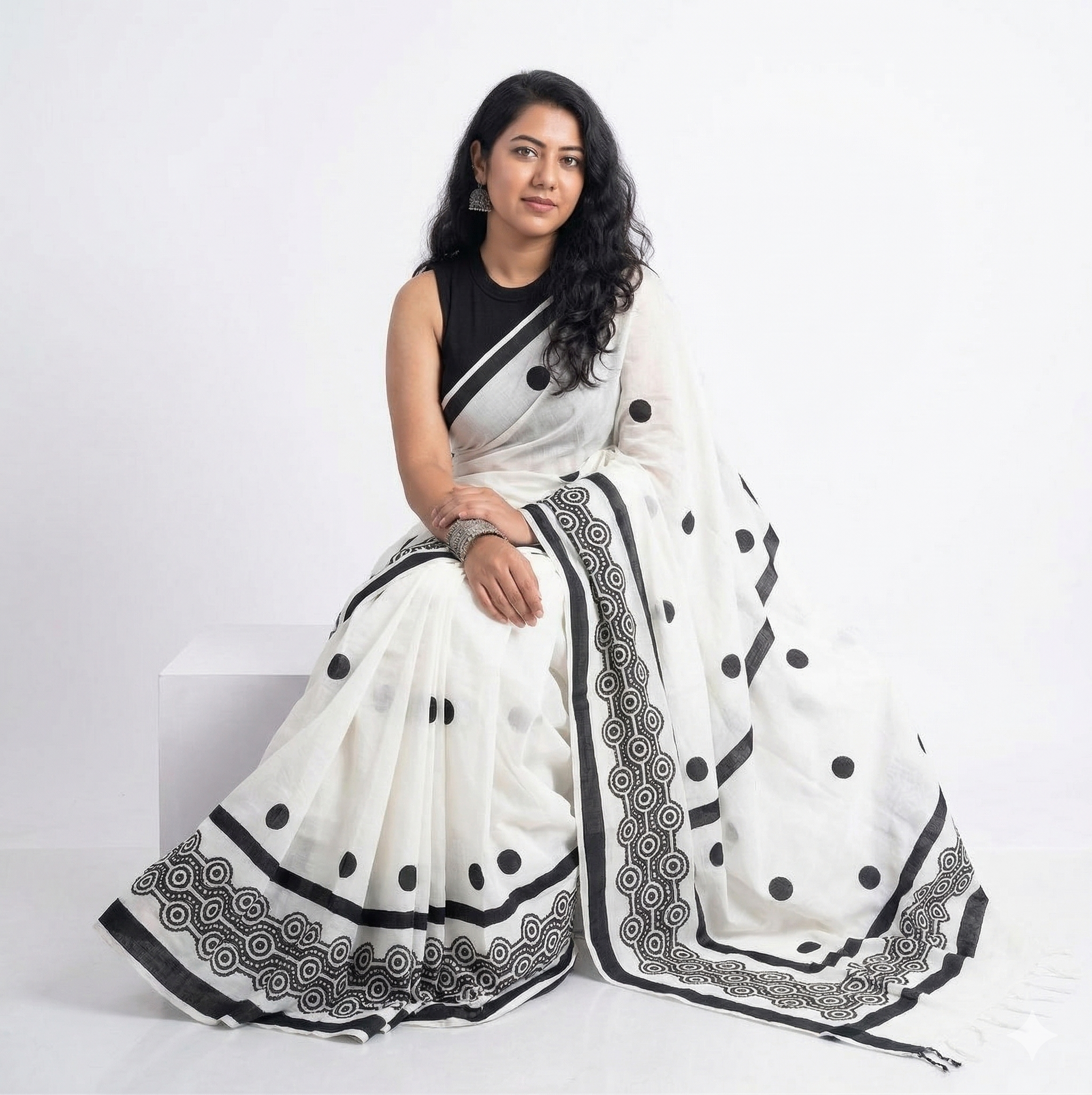 Black &  White Printed Linen Saree