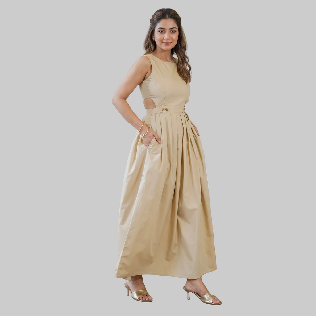 Beige Pleated Maxi Dress
