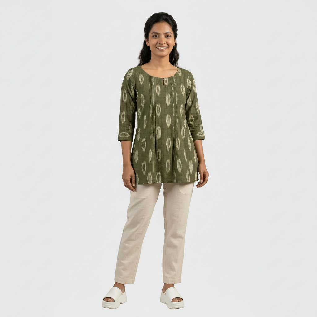 Olive Green Ikat Pleated Tunic