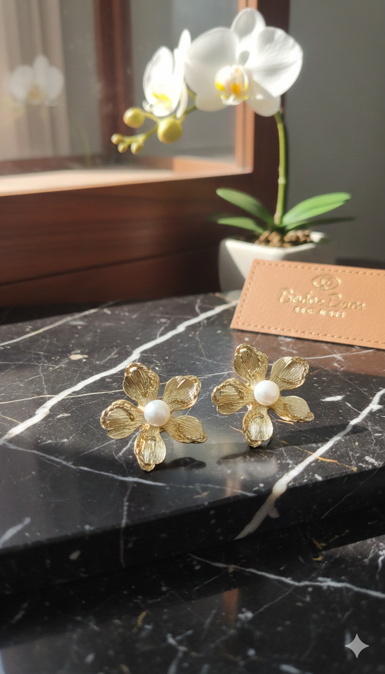 Gold Flower Pearl Stud Earrings