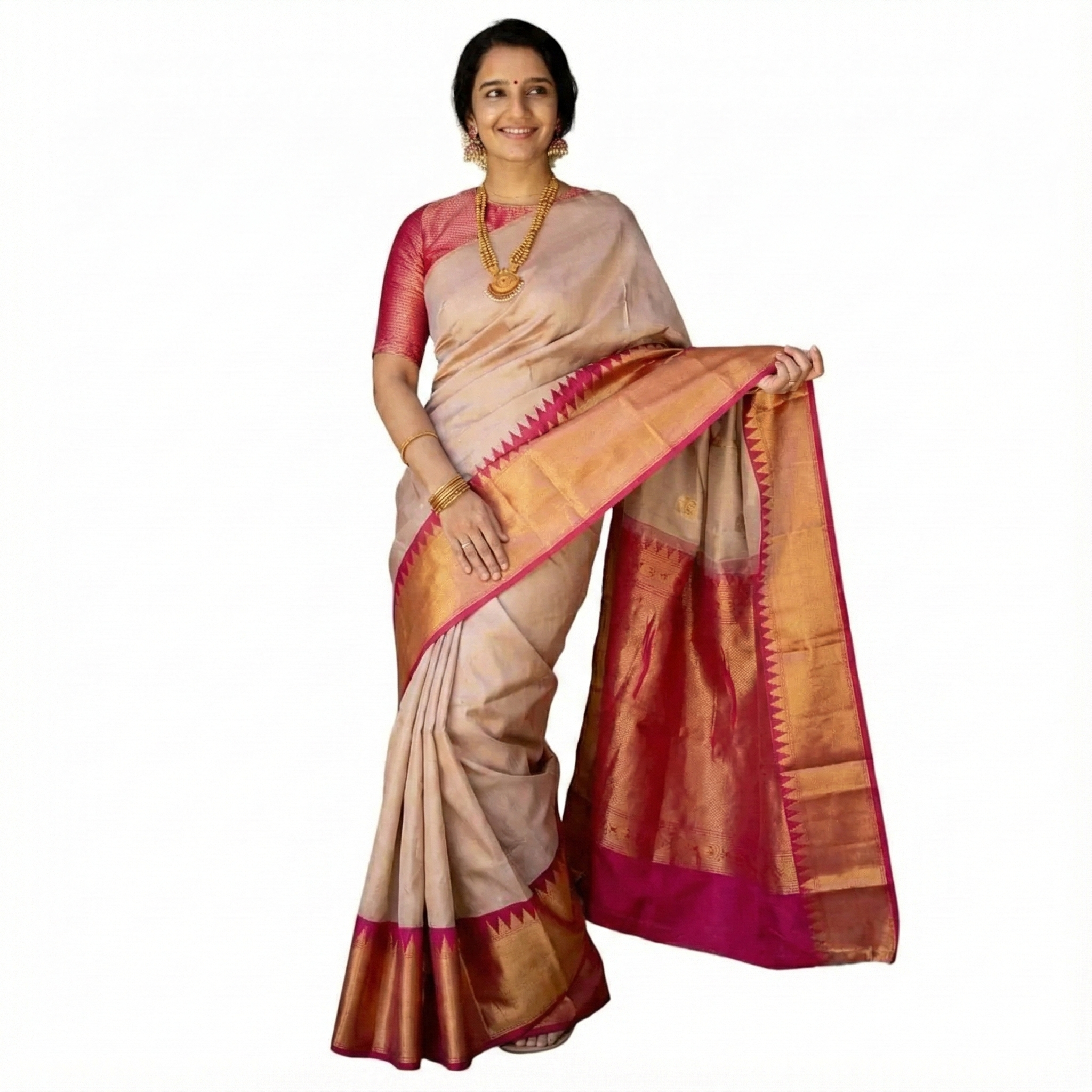 Cream & Pink Silk Saree