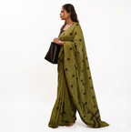 Olive Green Polka Dot Linen Saree