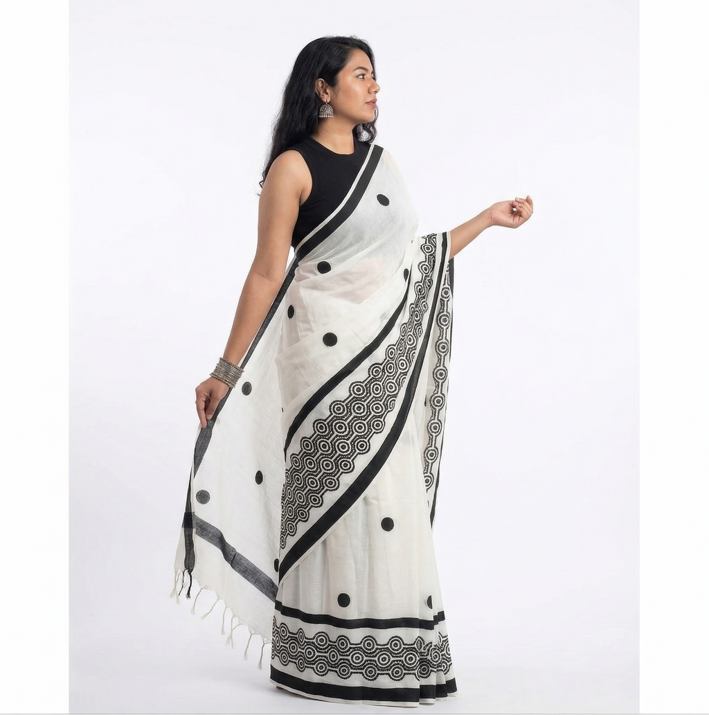 Black &  White Printed Linen Saree
