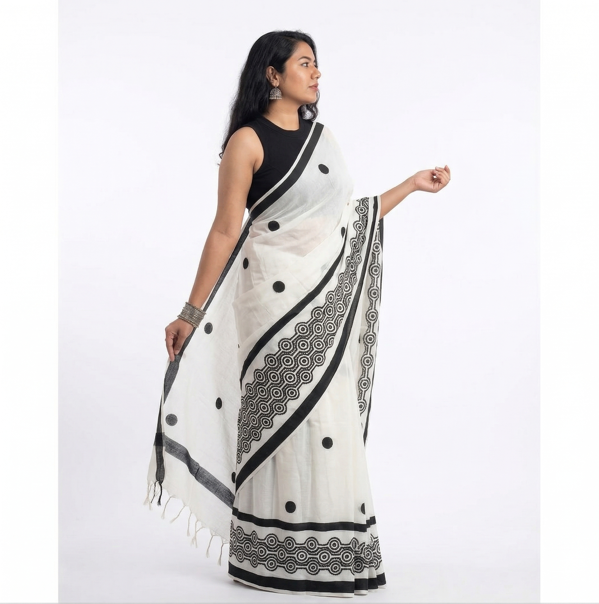Black &  White Printed Linen Saree