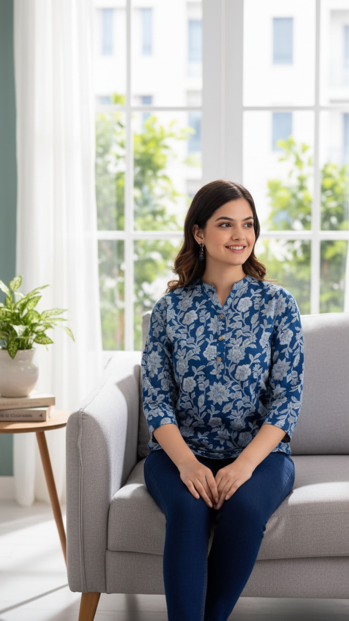 Indigo Floral Tunic Top