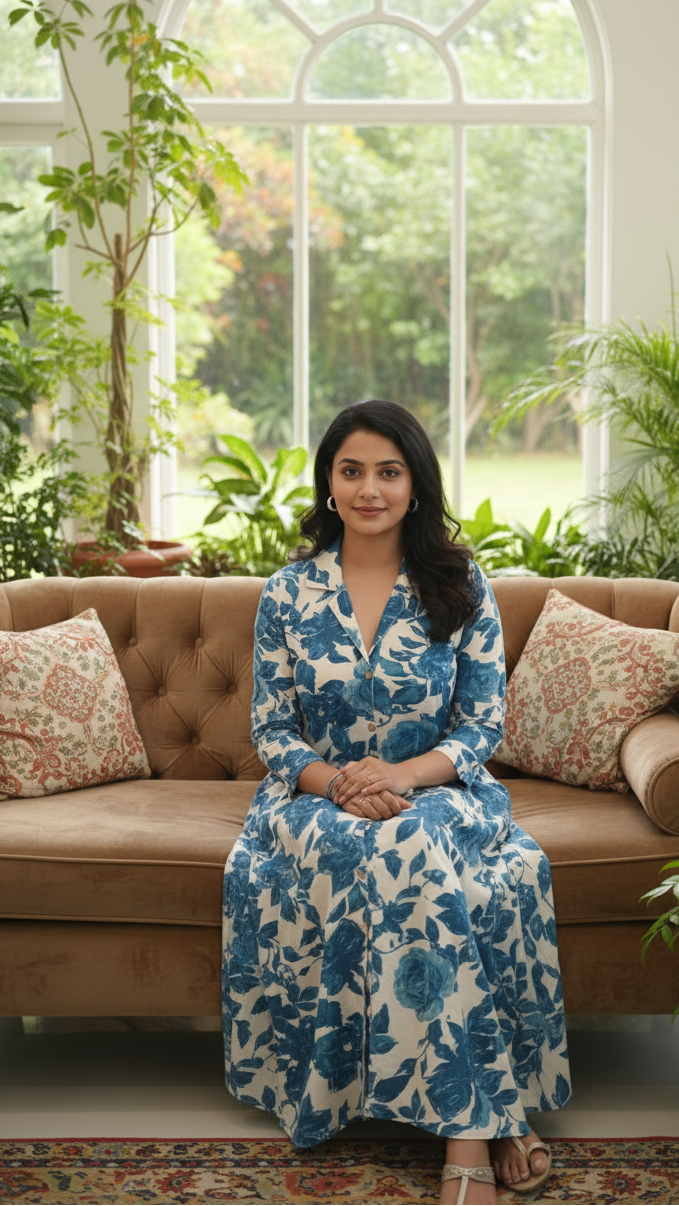 Blue and White Floral Print Dress