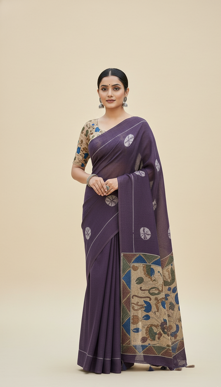 Purple Linen Printed Saree