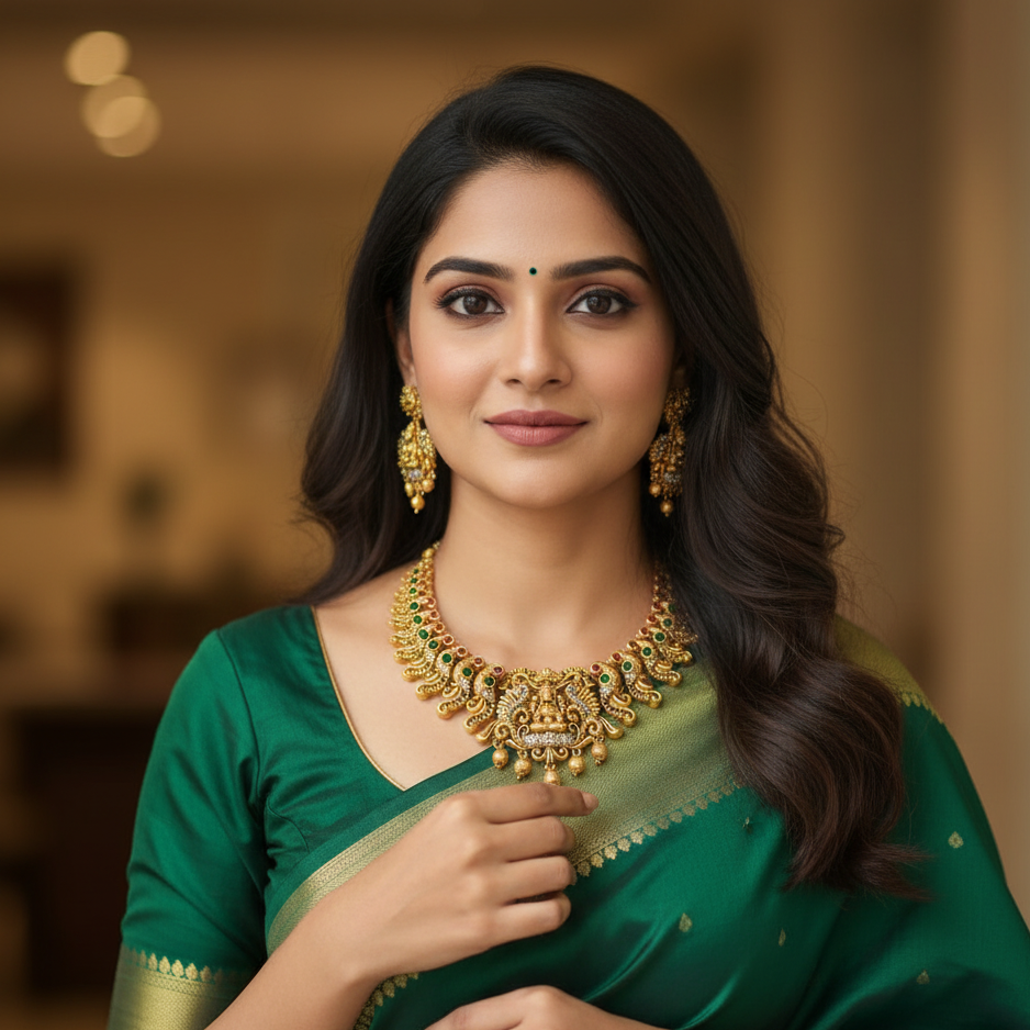 Temple Jewellery Necklace Set with Peacock Motifs