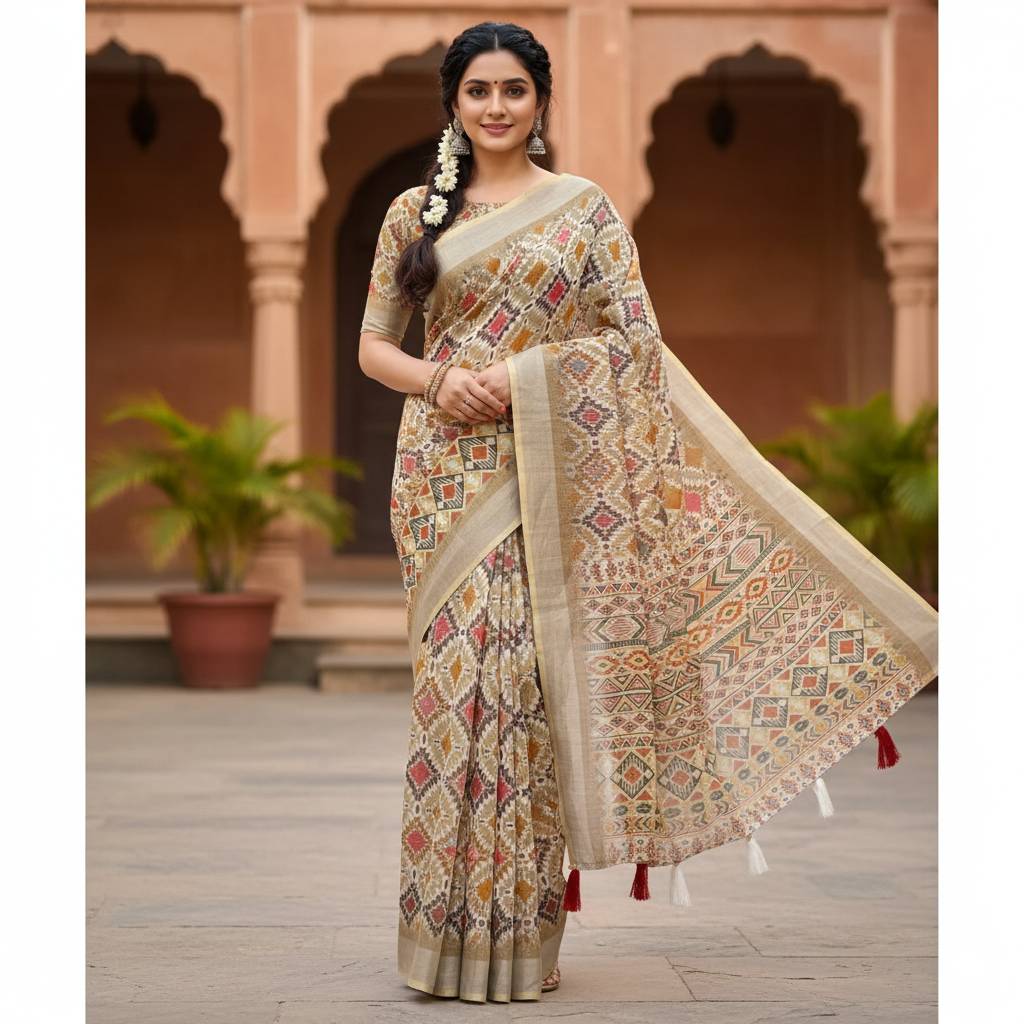 Cream Printed Saree