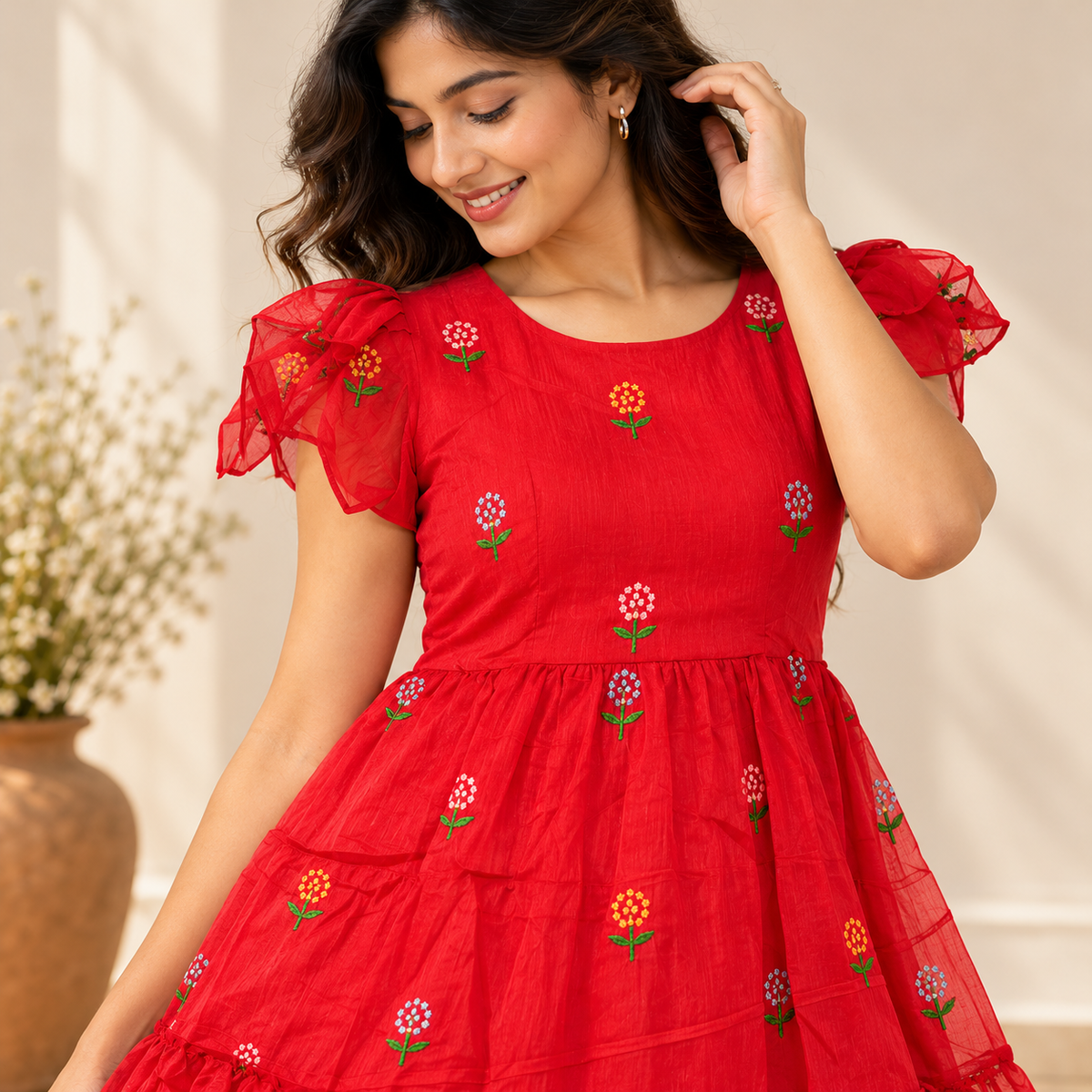 Chanderi Cotton Red Dress