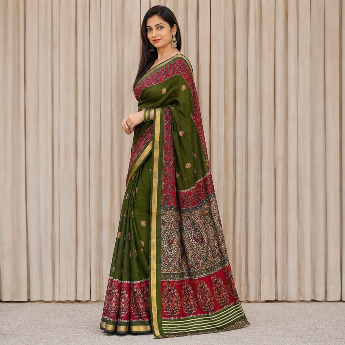 Green Block printed Saree