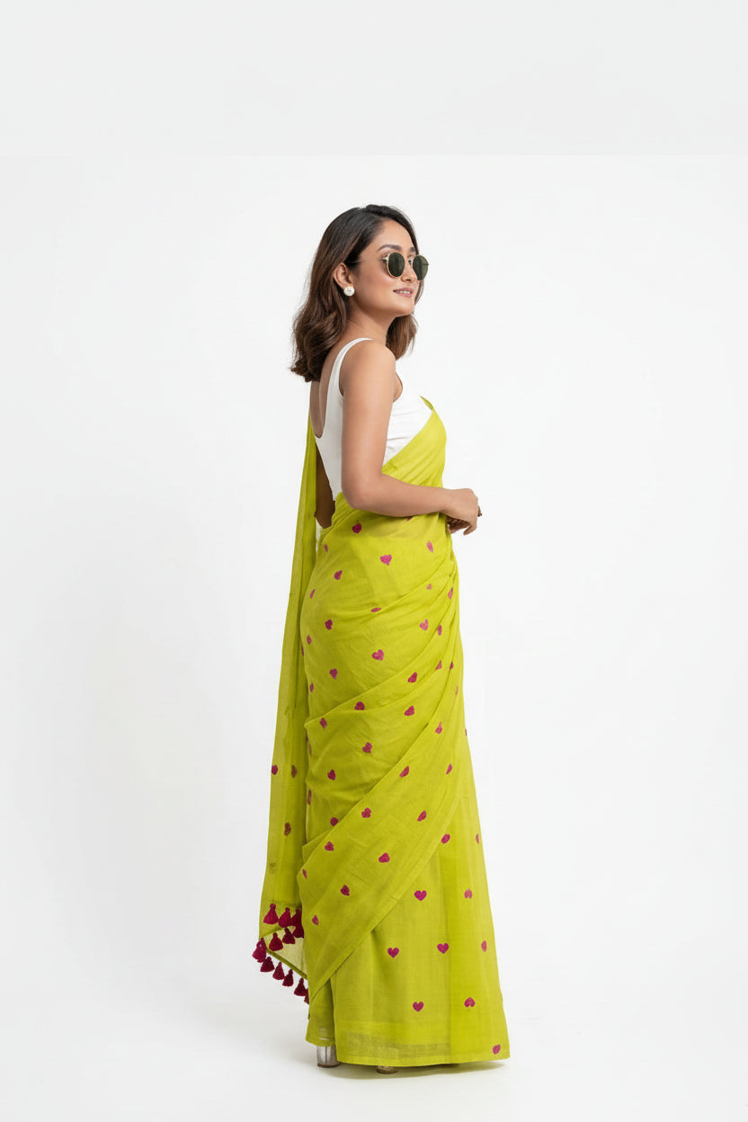 Lemon Green Heart Motif Saree