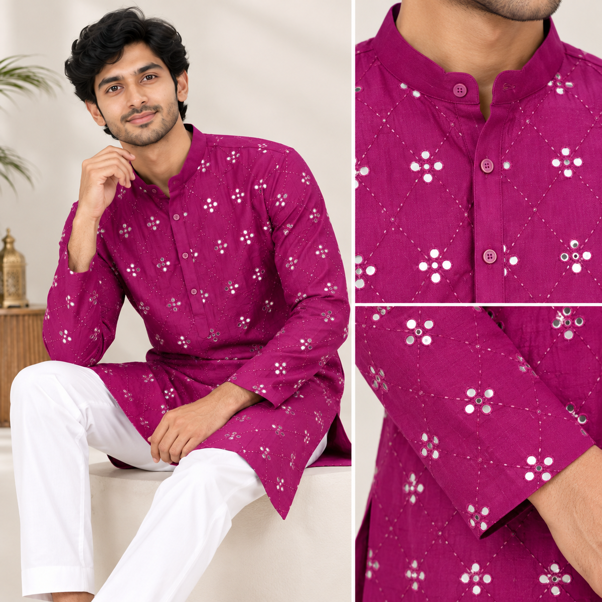 Men's Magenta Mirror Work Kurta set