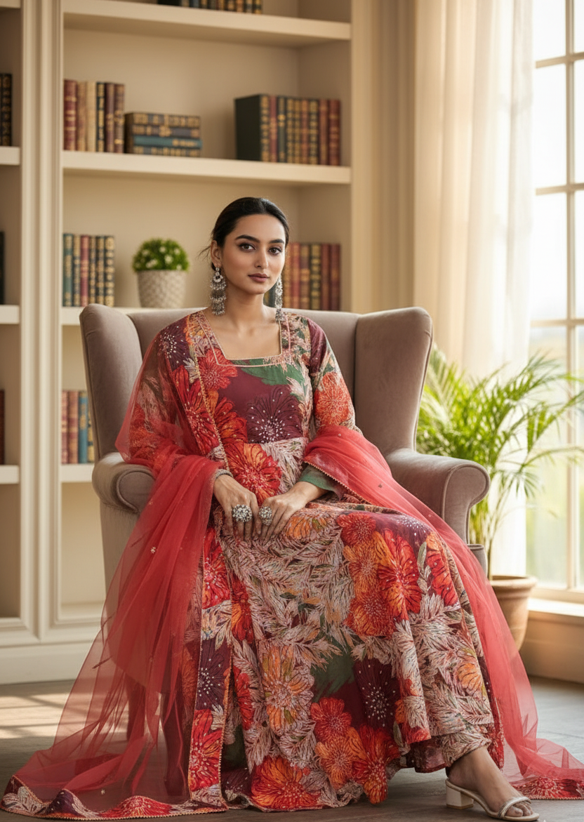 Red Embroidered Georgette with Dupatta