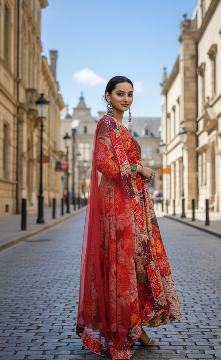Red Embroidered Georgette with Dupatta
