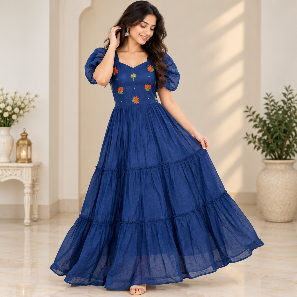 Cotton Royal Blue Tiered Dress