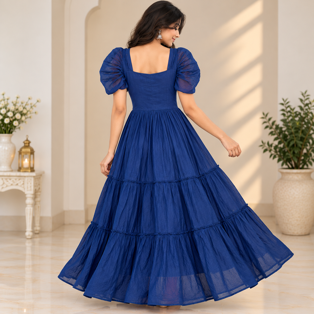 Cotton Royal Blue Tiered Dress