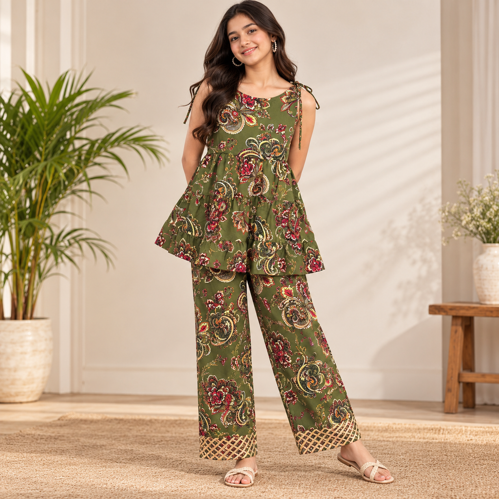 Kids Olive Green Printed Co-ord Set