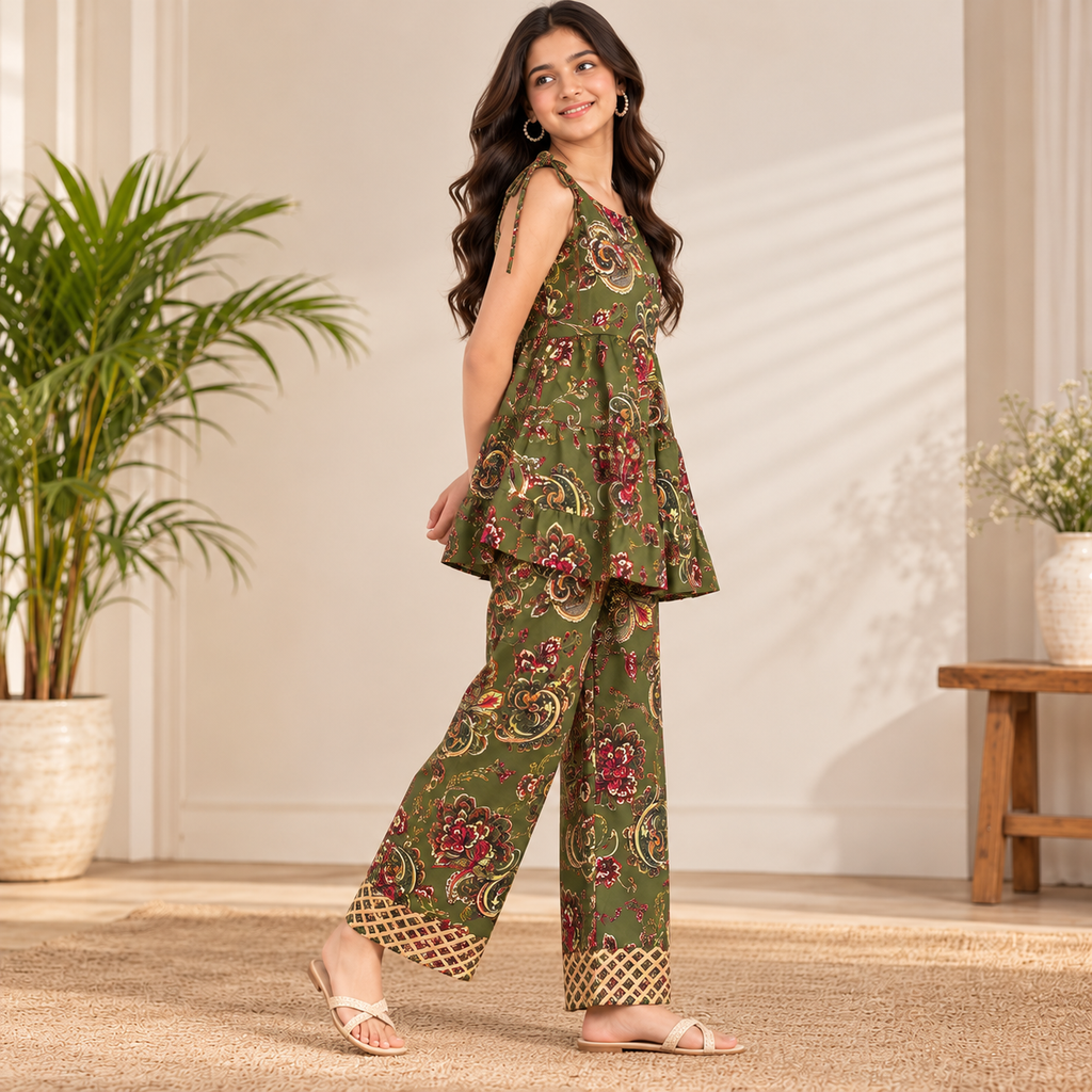 Kids Olive Green Printed Co-ord Set