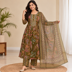 Olive Embroidered Anarkali with Paisley print set