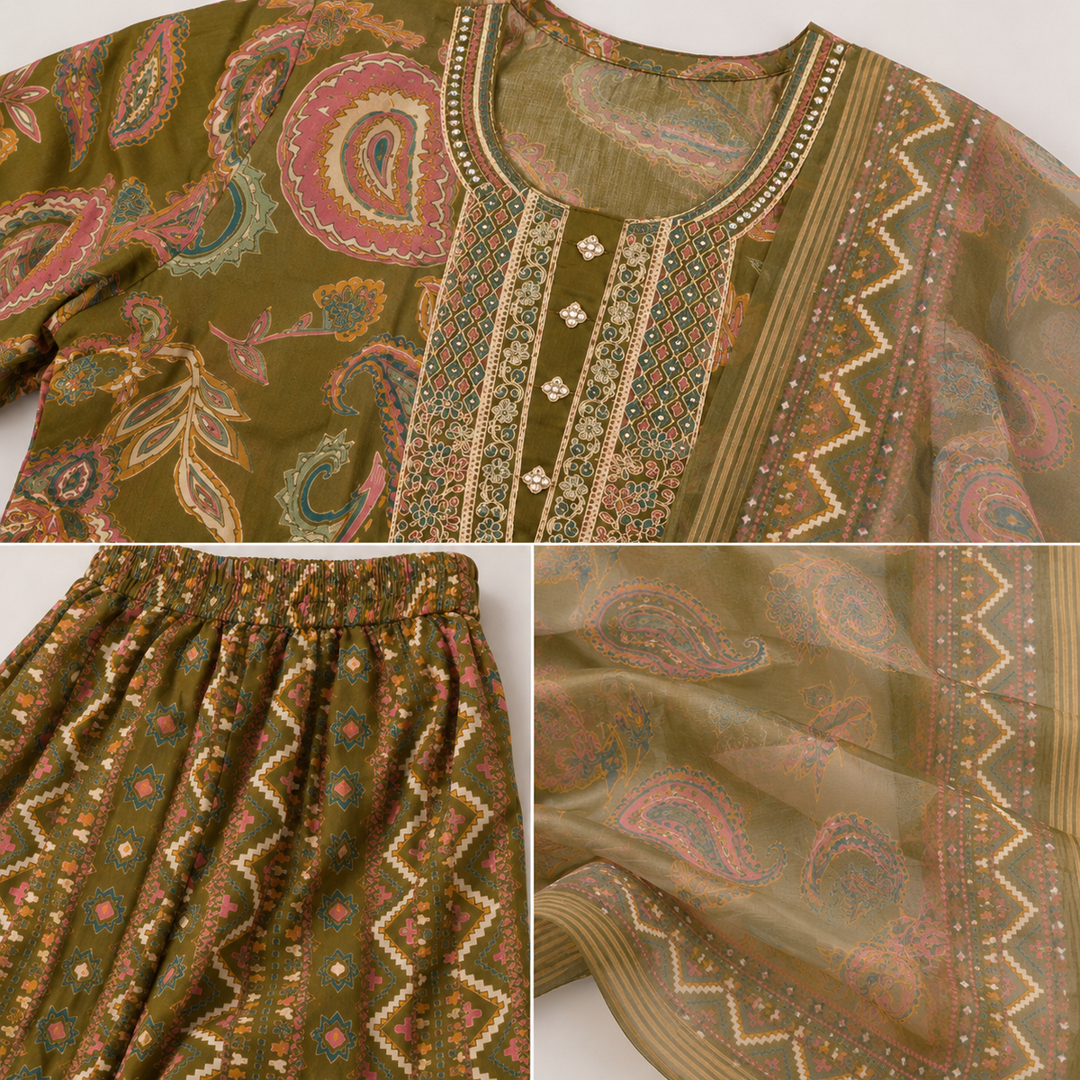 Olive Embroidered Anarkali with Paisley print set