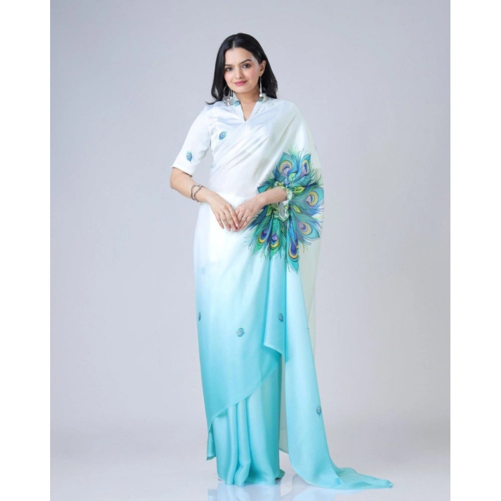Sky Blue Printed Crepe Silk Saree