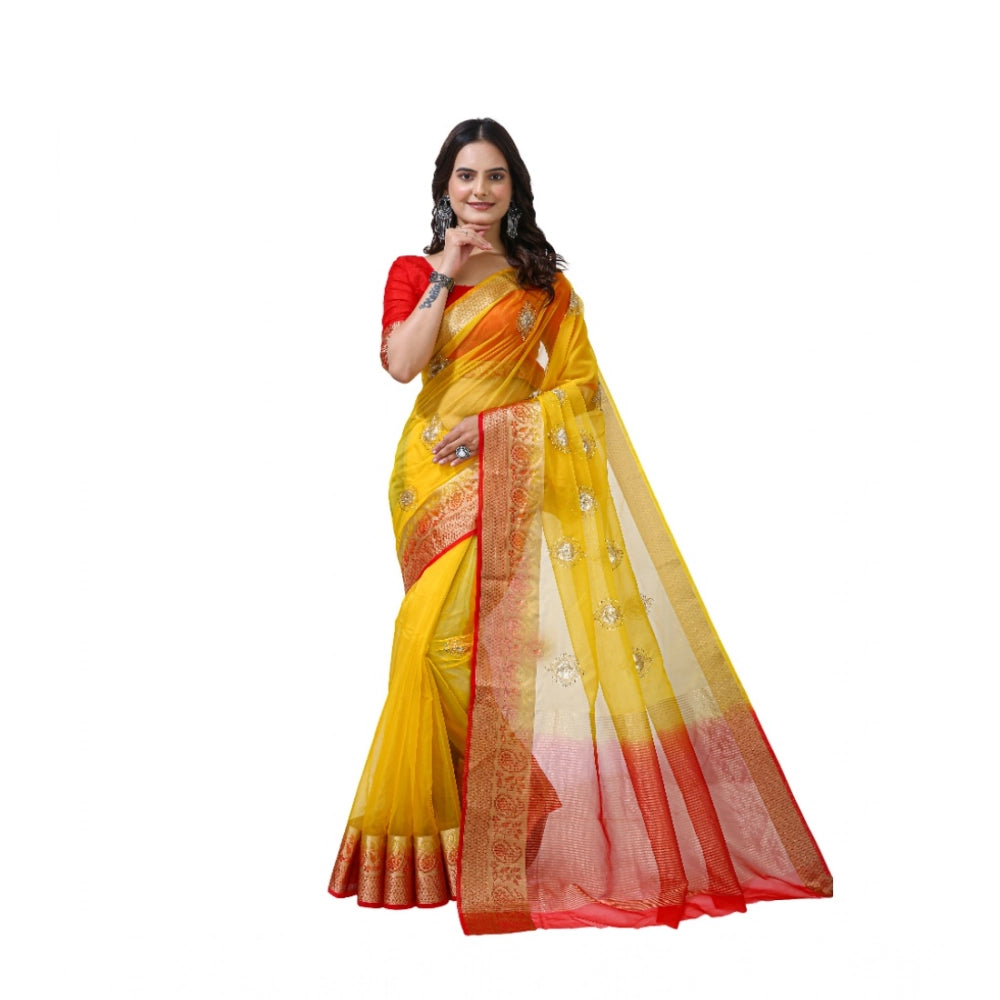 Yellow and Red  Organza  Saree