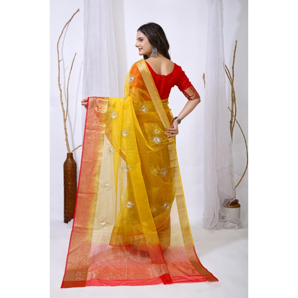 Yellow and Red  Organza  Saree