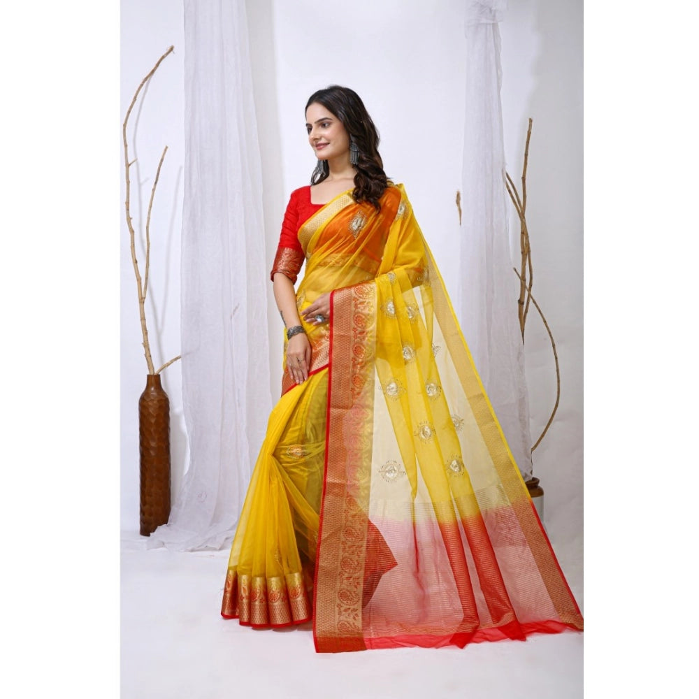 Yellow and Red  Organza  Saree