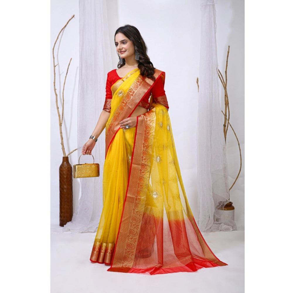 Yellow and Red  Organza  Saree