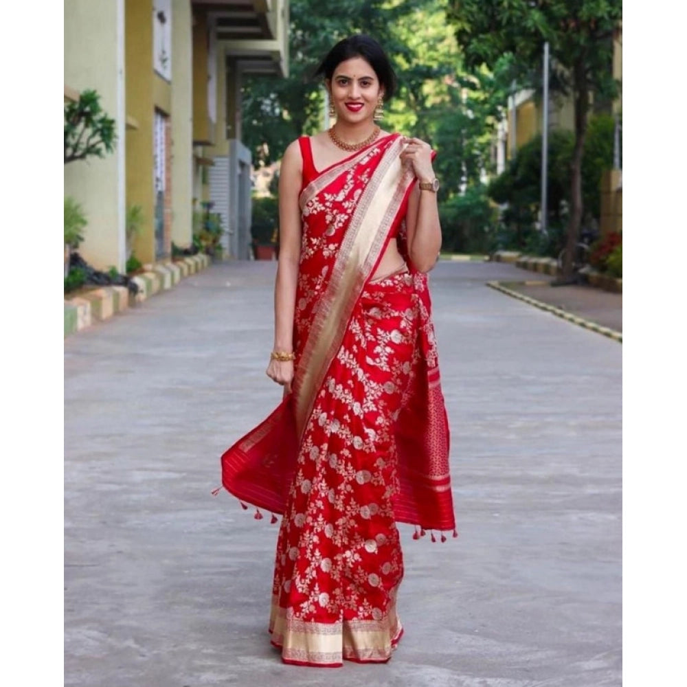 Red Soft Lichi Silk Printed Saree