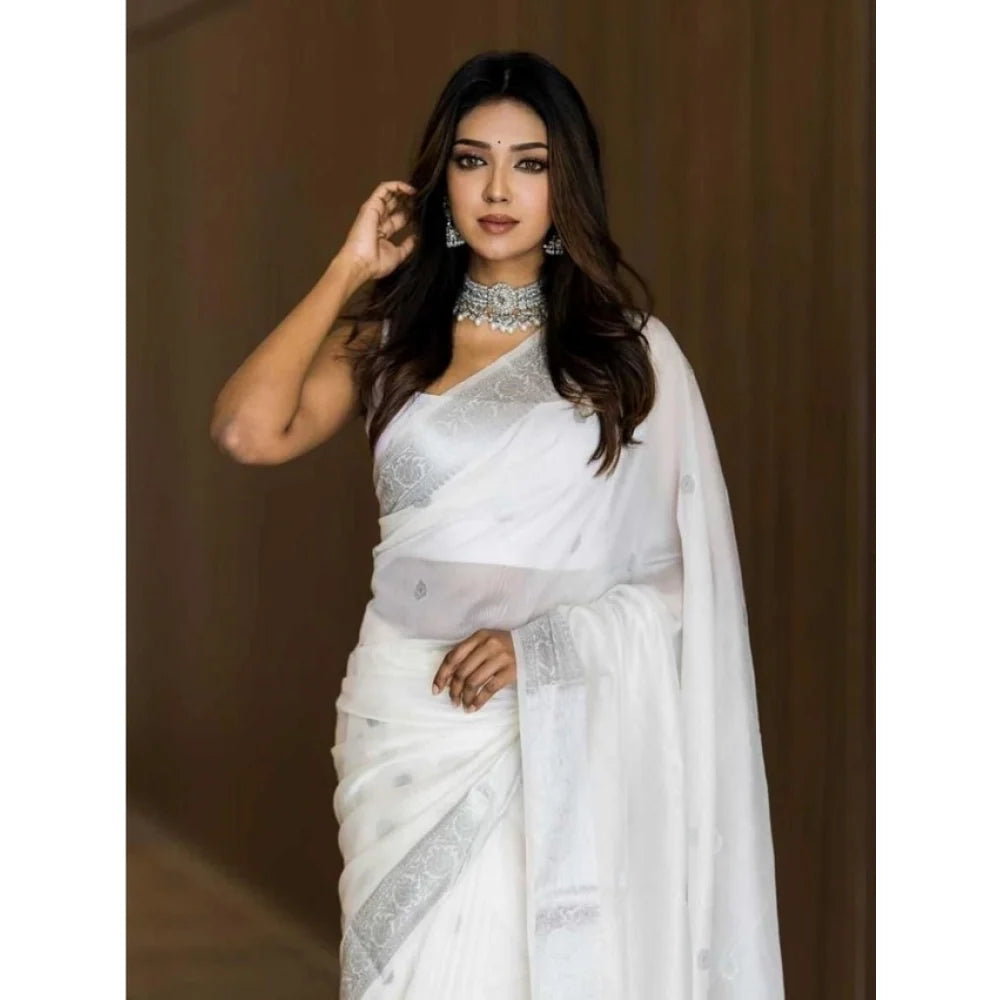 Elegant White Litchi Silk Saree