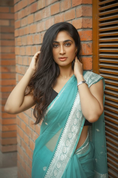 Seafoam Blue Soft Lichi Silk Saree