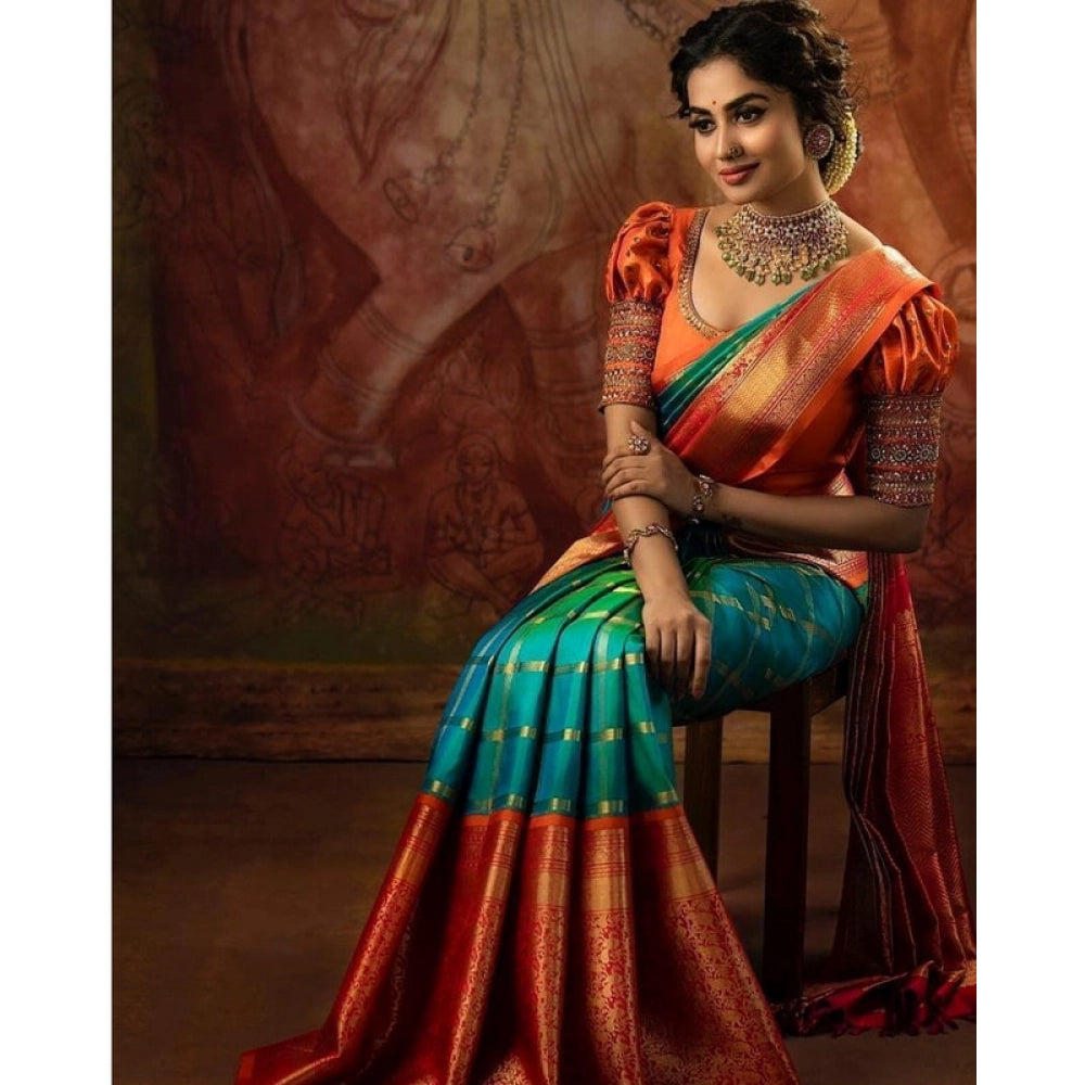 Orange & Teal Silk Saree