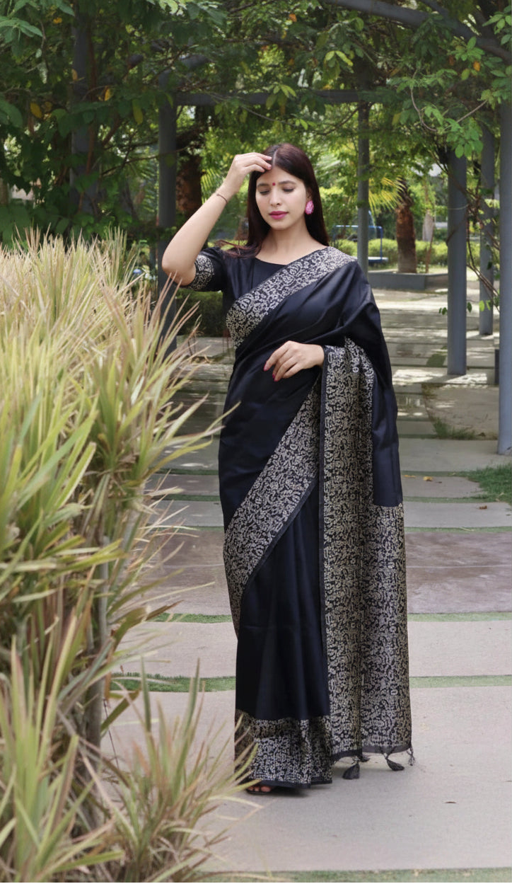 Black Soft Lichi Silk Saree