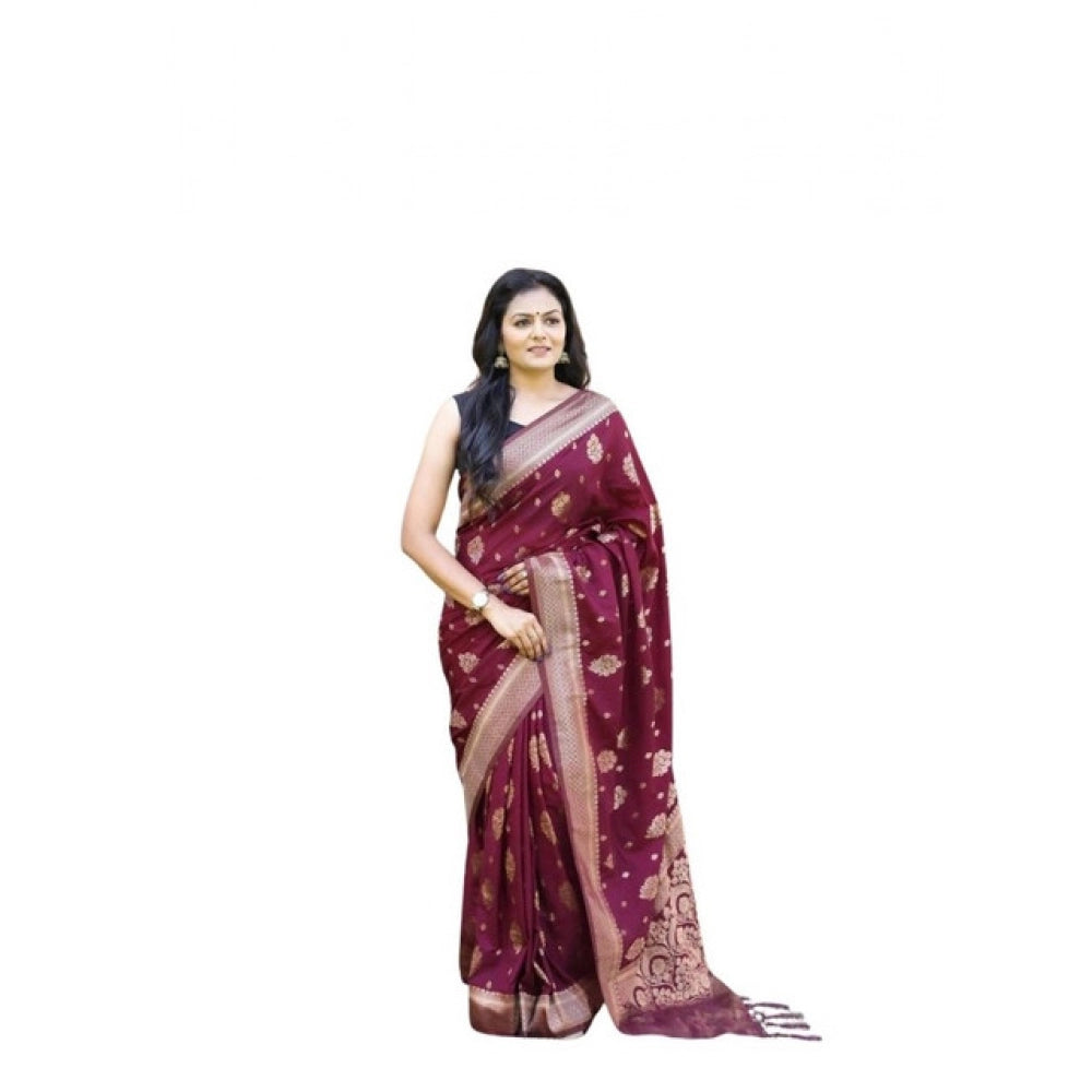 Wine Soft Lichi Silk Printed Saree