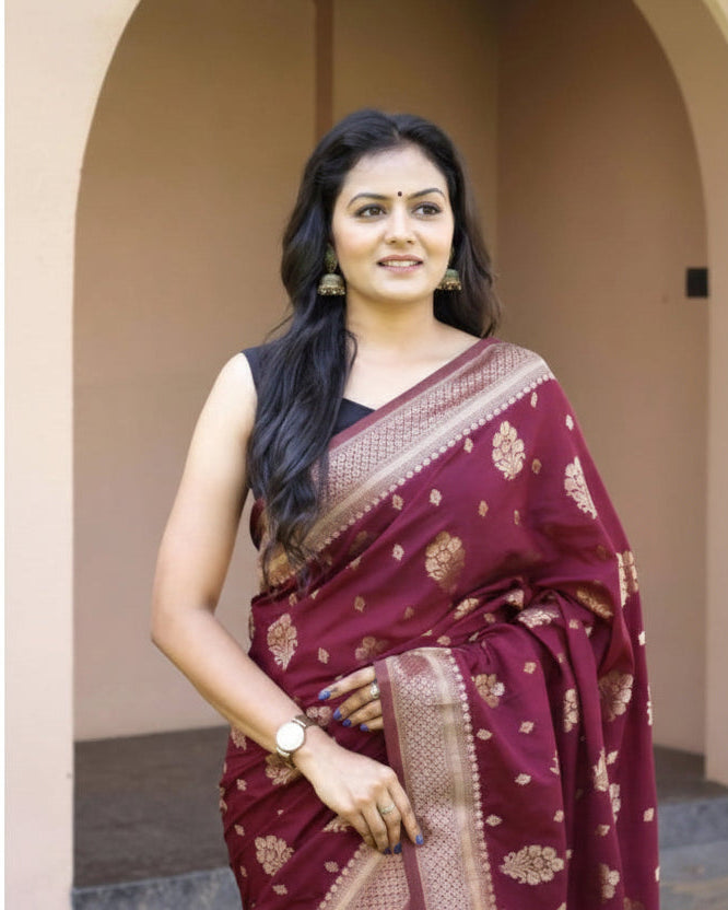 Wine Soft Lichi Silk Printed Saree