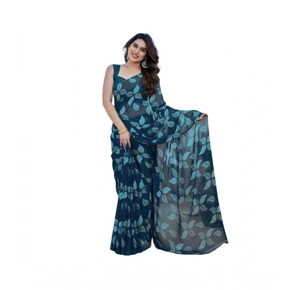 Blue Floral Chiffon Saree
