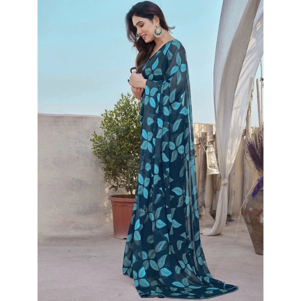Blue Floral Chiffon Saree