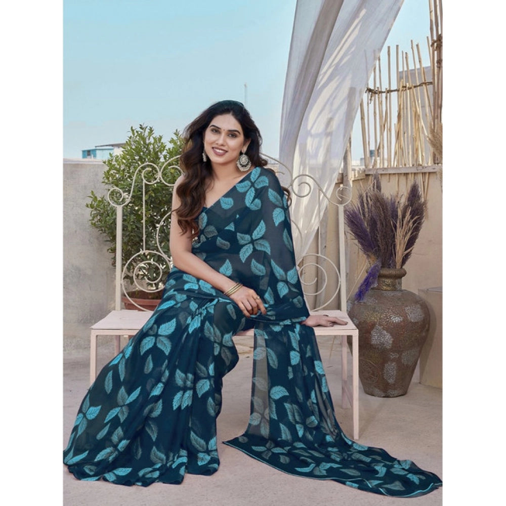 Blue Floral Chiffon Saree