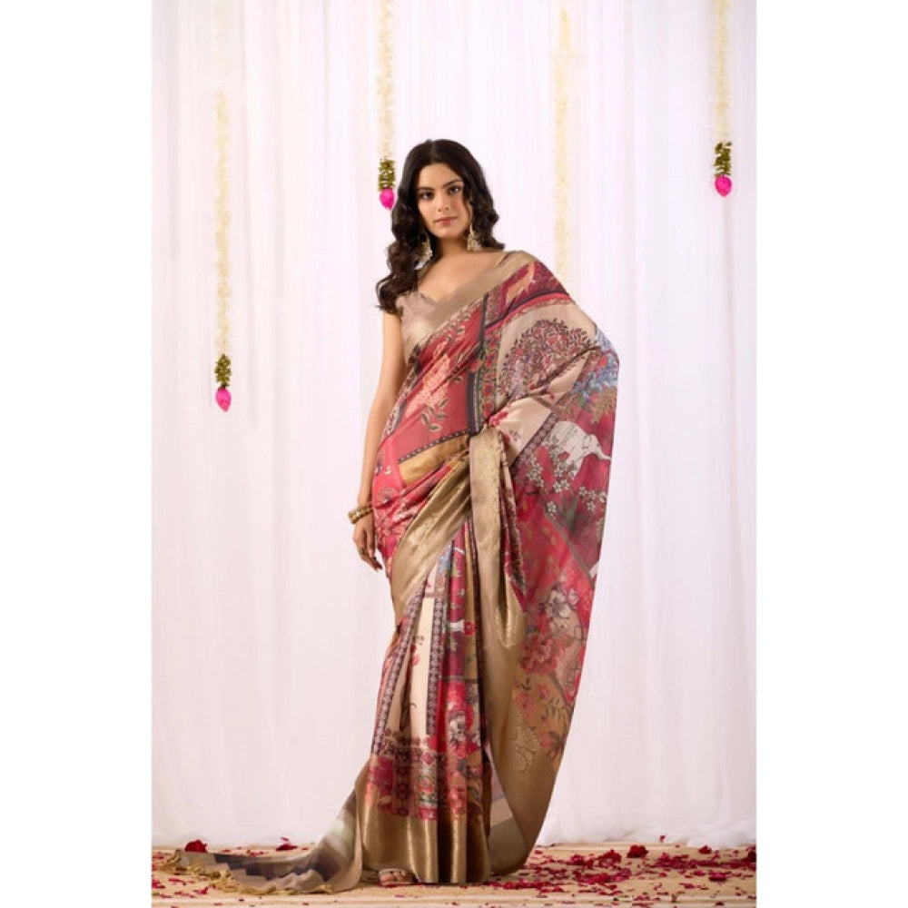 Beige Silk Printed Saree