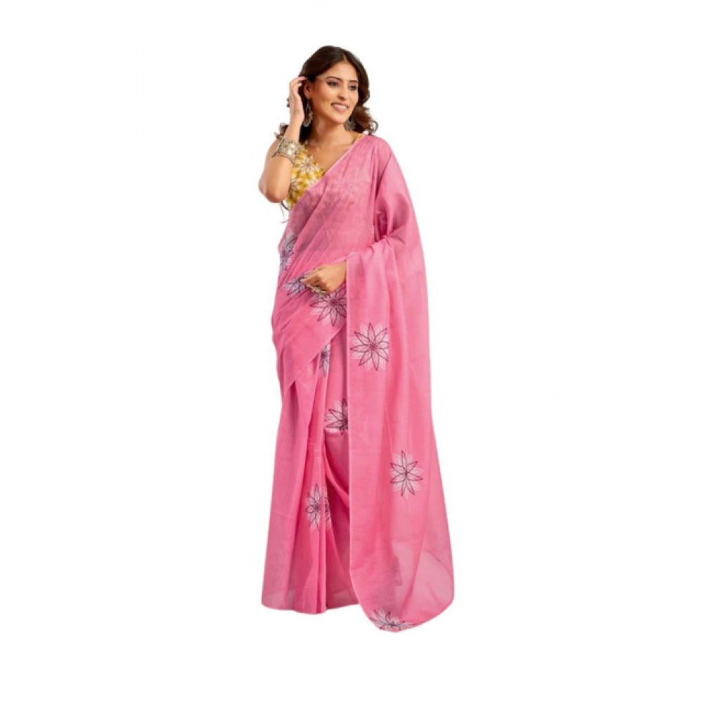 Pink Linen Cotton Printed Wear Saree